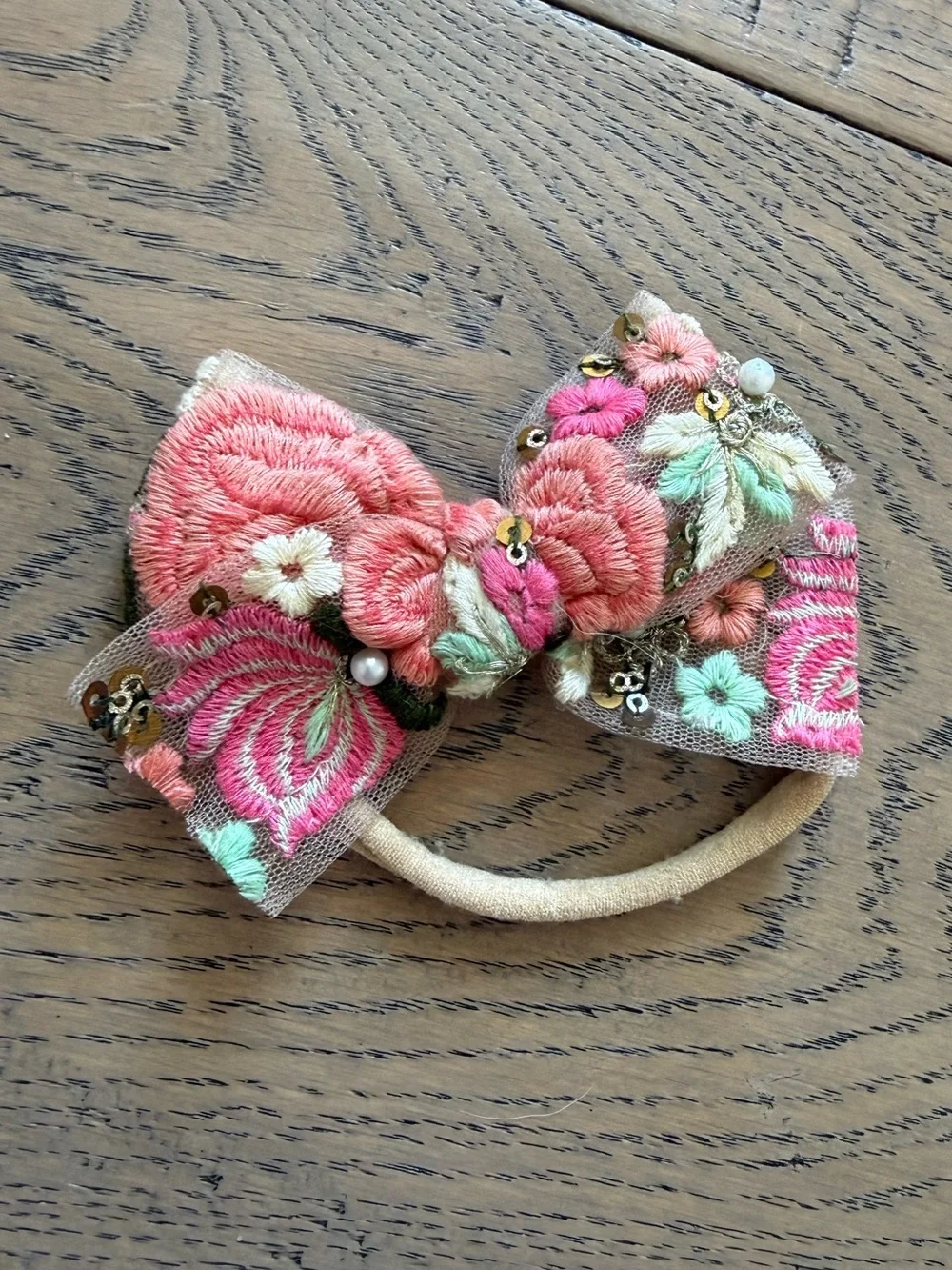 Baby Floral Embroidered Bow Headband Pink Green Gold